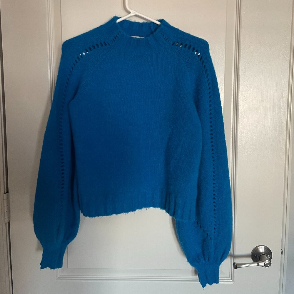 Wool Blend Blue High-Neck Balloon Sleeve Sweater w/ Hole Detailing